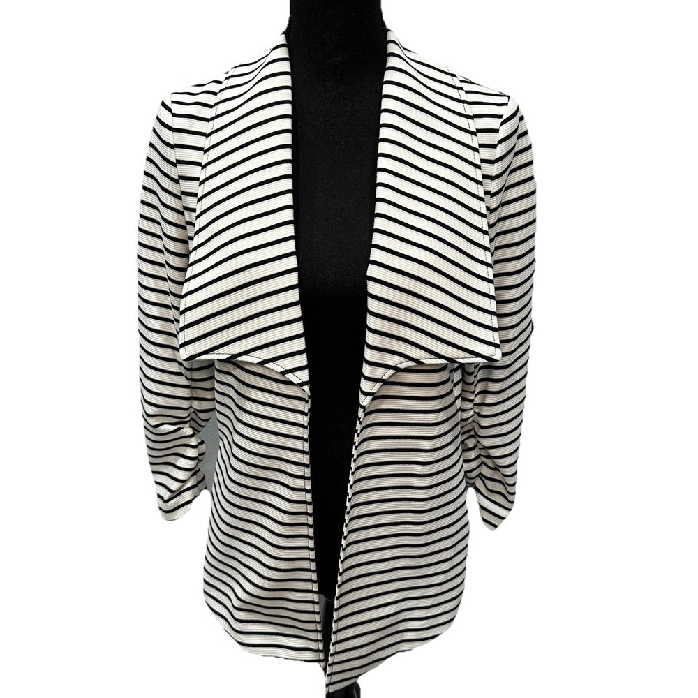 Rafaella Blazer Women's Size Medium White Black Stripes Open 3/4 Sleeves Stretch